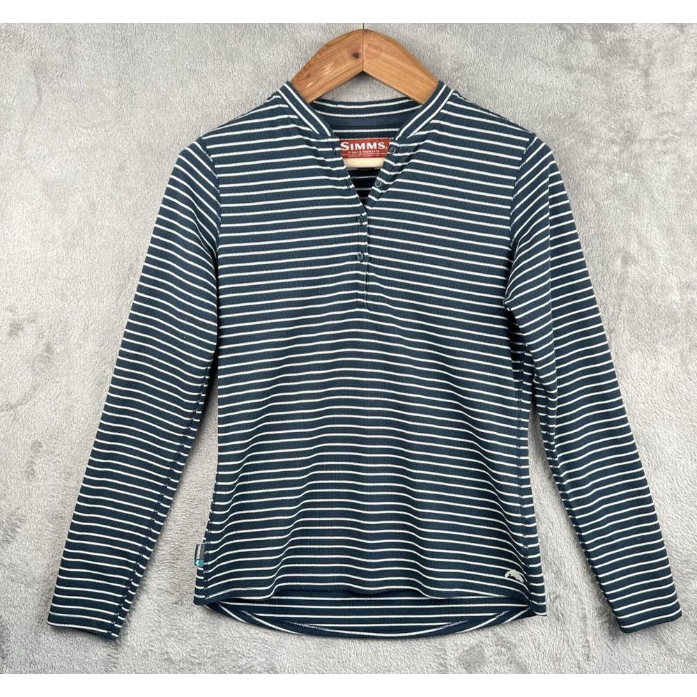 Simms Drifter Henley‎ Top Women's Medium Navy Blue Stripe Waffle Weave Fishing
